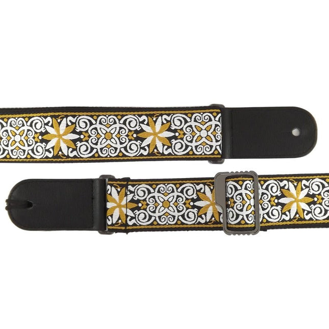 Leather & Cotton Woven Patterned Guitar Strap - Black Flower Swirl - Spartan Music