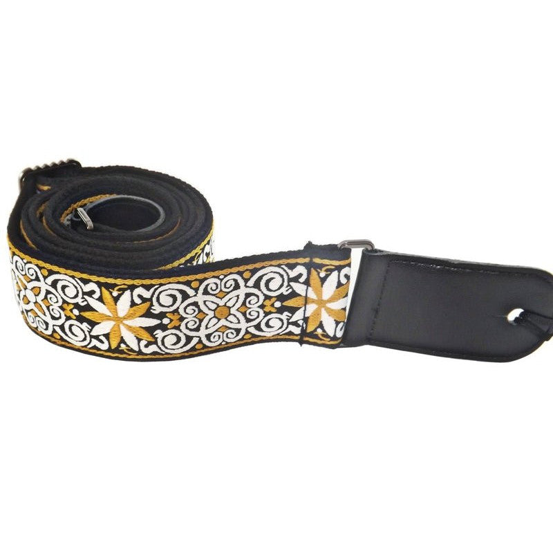 Leather & Cotton Woven Patterned Guitar Strap - Black Flower Swirl - Spartan Music