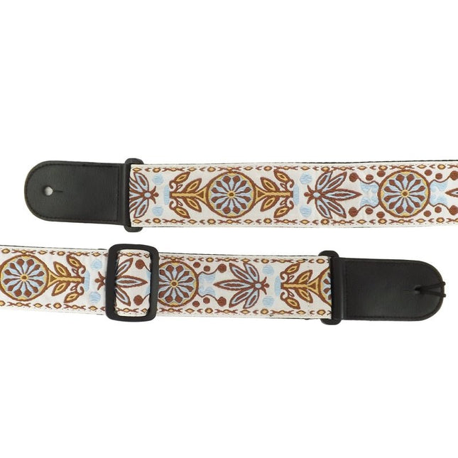 Leather & Cotton Woven Patterned Guitar Strap - White Tribal - Spartan Music